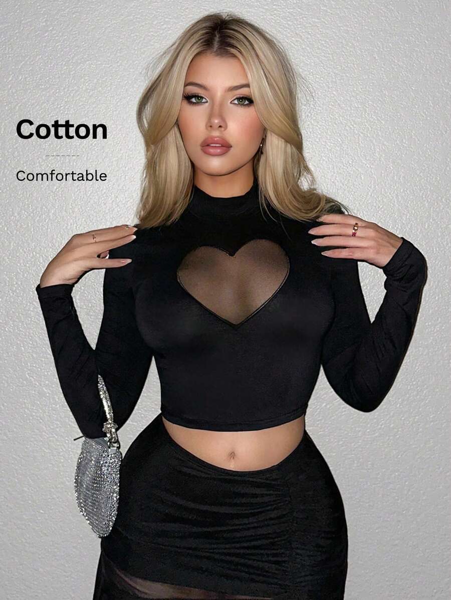 Sweetina Y2k黑色高领心形网眼拼接露脐短款T恤 - 黑色 - 查看 1