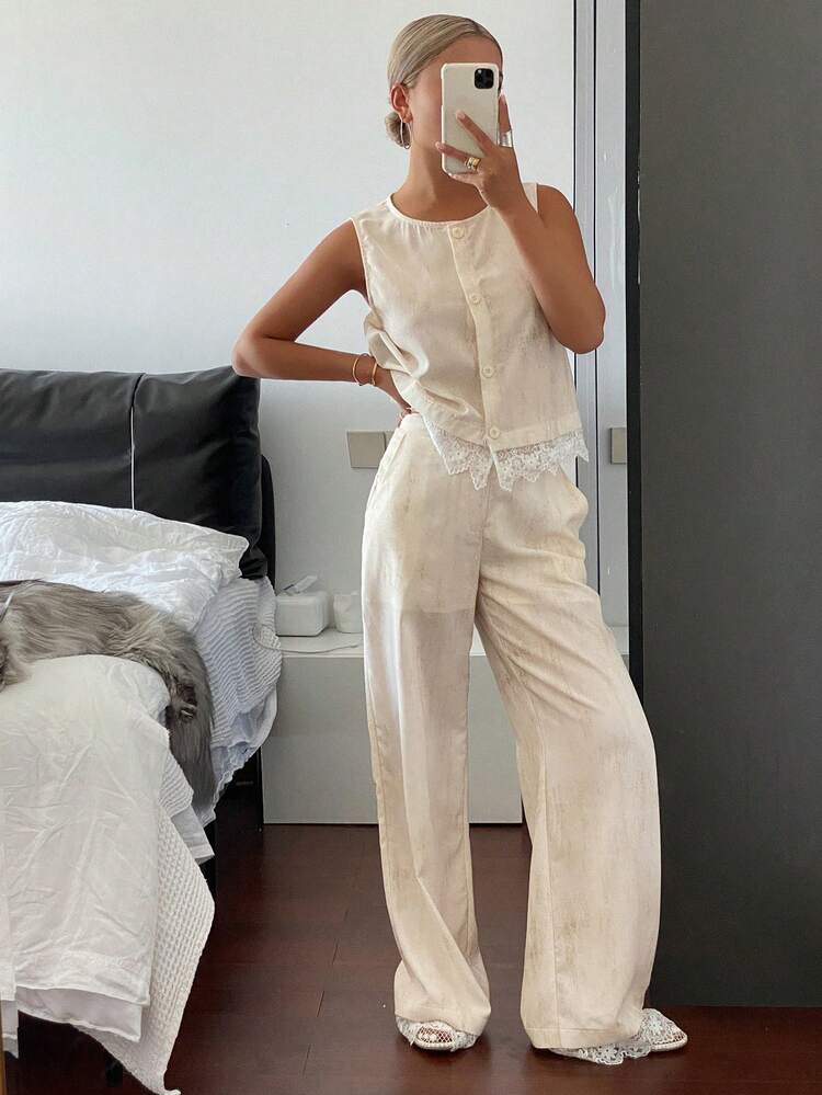 2 Pieces Set: Women Lace Patchwork Vest And Long Pants