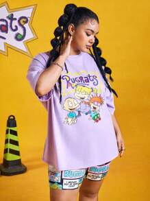 Nick 90s | SHEIN 2pcs/Set Plus Size Summer Casual Cute Cartoon Print Short Sleeve Purple T-Shirt And Black Leggings Women Plus Clothing Two Pieces Summer Spring Music Festival