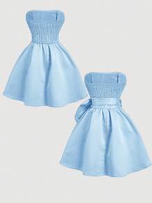 SHEIN MOD 女式蓝色侧蝴蝶结抹胸短裙 - 藍色 - 查看 8