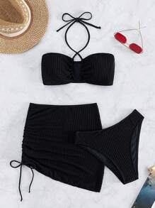 Swim Vcay Bộ đồ bơi tách biệt với áo cổ yếm màu trơn, quần tam giác và váy sarong - màu đen - Xem 1