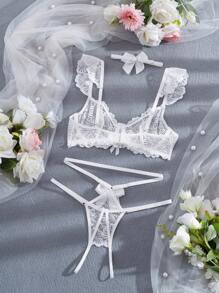 Conjunto de lencería sexy de 3 piezas para mujer, incluye sostén con aros y diseño de collar y moño de encaje, y tanga