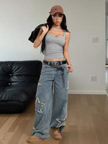 Coolane Damen Frühling und Sommer Festival Streetwear Vintage Y2K Basic Trägertop mit Kerbe, dehnbar
