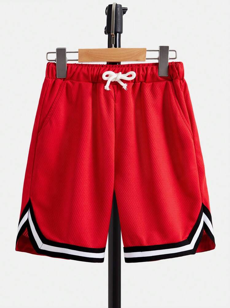 SHEIN Pantalones cortos deportivos para niño preadolescente con cordón en la cintura y ribete a rayas - Rojo - Añade 1