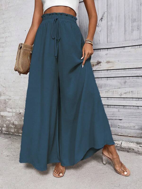 SHEIN LUNE Pantaloni kaki a gamba larga con fiocco in vita, casual