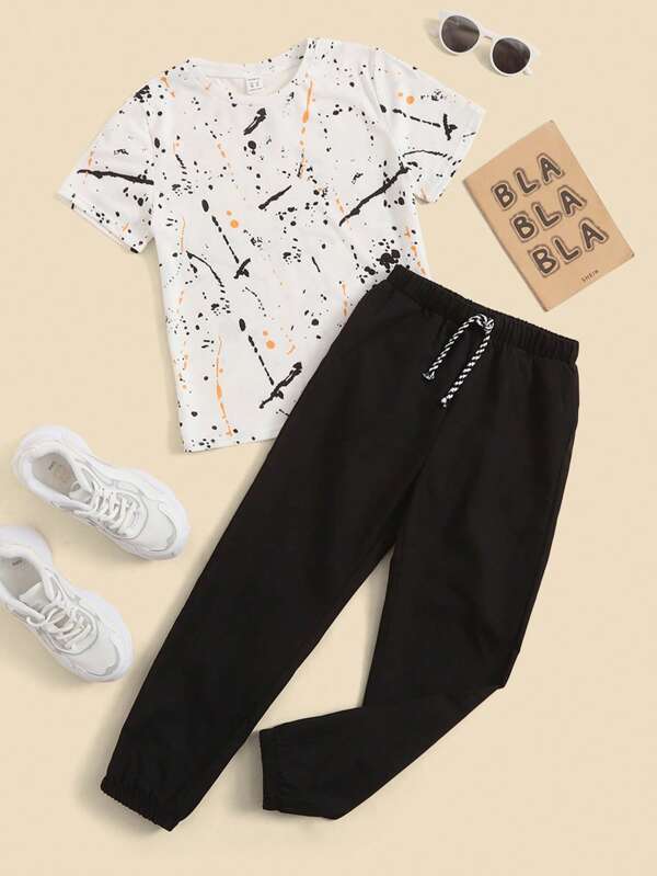 SHEIN Tween Boy Splash Ink Print Tee & Drawstring Waist Sweatpants