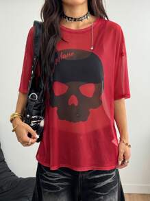 Coolane Áo lưới phối cảnh in chữ thời trang đường phố Grunge mùa xuân/hè cho lễ hội âm nhạc dành cho nữ - Đỏ - Xem 3