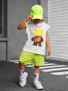 SHEIN 年轻男孩可爱熊印花背心和短裤套装（带帽子）-打造可爱的夏日造型 - 白色 - 查看 5