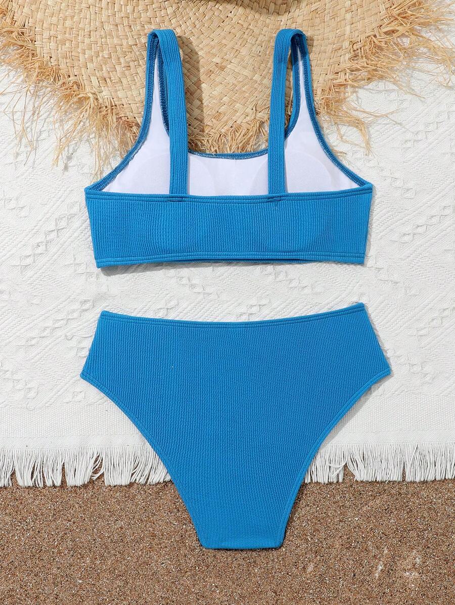 Tween Girls' Solid Color Round Neck Ribbed Bikini Set - Navy Blue - View 1