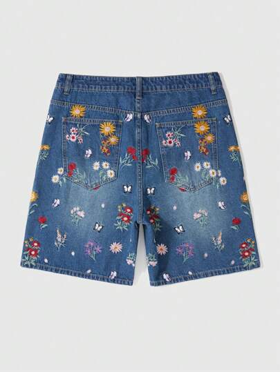 Street Life شورتات جينز فضفاضة مريحة مع طرز زهري على الجيب للرجال