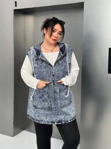 SHEIN EZwear Chaleco de mezclilla holgado con bolsillo grande y capucha con cordón, adecuado para uso diario