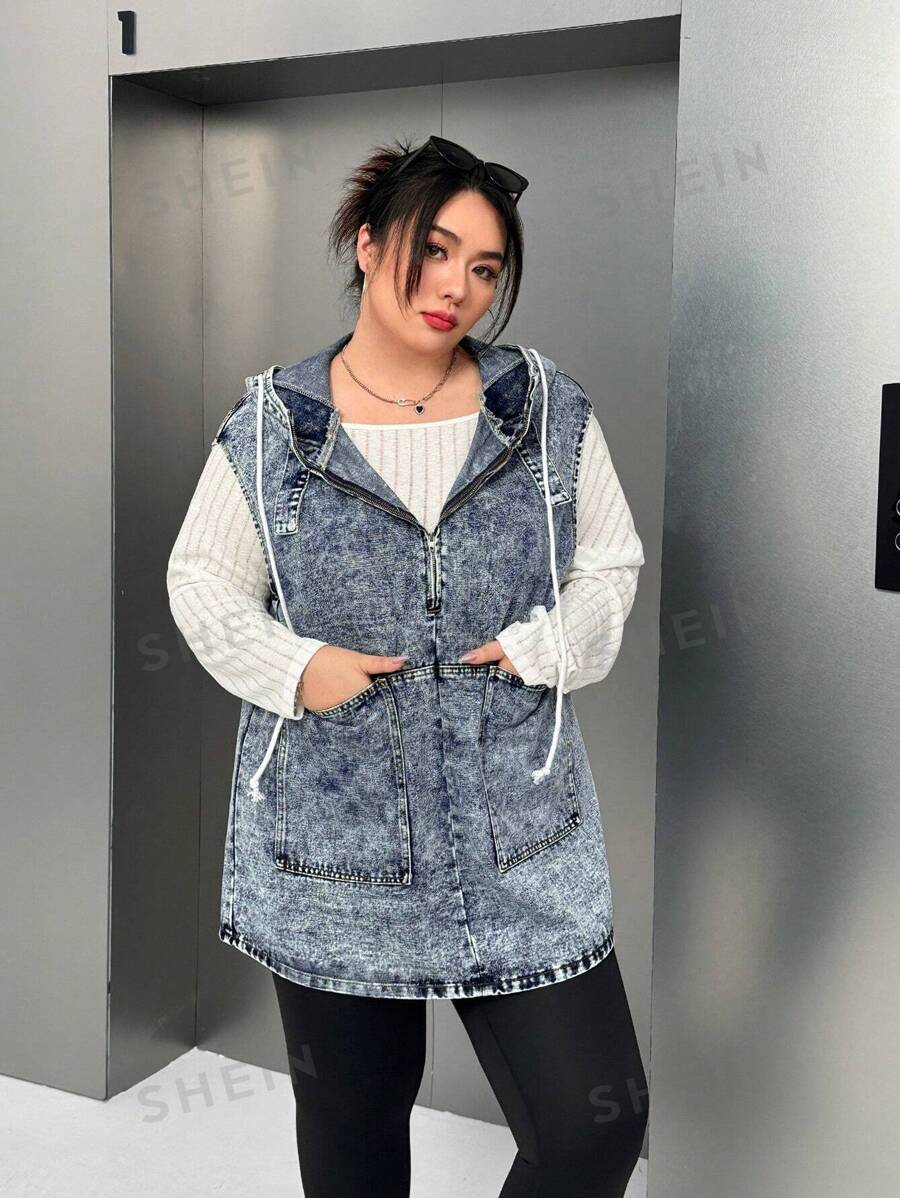 SHEIN EZwear Chaleco de mezclilla holgado con bolsillo grande y capucha con cordón, adecuado para uso diario