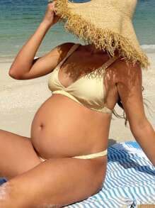 SHEIN Maternity Elegant Vacation Yellow One-Piece Swimwear For Summer - Yellow - View 1