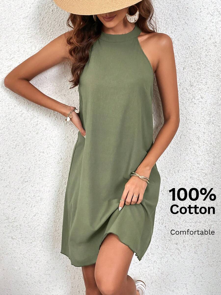 SHEIN VCAY Solid Keyhole Back Halter Neckline Dress - Green - View 1