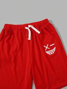 SHEIN Leap Crew Tween Boy Cartoon Graphic Hooded Top & Drawstring Waist Shorts - Red - View 5