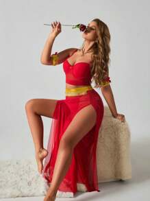 SHEIN Conjunto de 5 piezas de ropa interior sexy para mujer (incluye sujetador con aros, tanga, minifalda, 2 piezas de anillos para la muñeca), atuendo para festivales de música