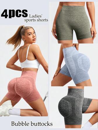 4 piezas Shorts deportivos de mármol inconsútil de moldeador cadera con estiramiento alto