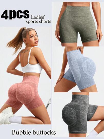 4 piezas Shorts deportivos de mármol inconsútil de moldeador cadera con estiramiento alto