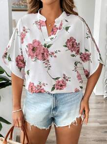 Breezaya Plus Size Ditsy Floral V-Neck Short Cap Sleeve Blouse