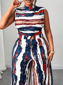 Maweii Plus Size Women's Asymmetrical Print Elastic Waist Bodycon Jumpsuit, Spring/Summer - Multicolor - View 4