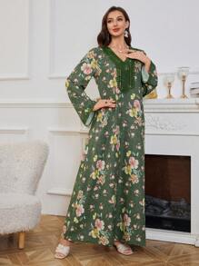 Al Najma 女士简约优雅阿拉伯风格连衣裙，适合夏季 - 綠色 - 查看 6