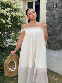 Breezaya Vestido holgado de primavera/verano de unicolor con hombros descubiertos y abertura, talla grande