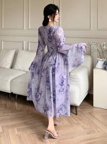 DAZY V-Neck Floral Print Midi Ruffled Hem Dress For Women Elegant,Fall Dress Long Sleeve Dress Easter - Purple - View 2