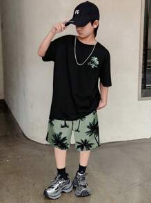 SHEIN Tween Boy's Casual Comfortable Printed Knit Two Piece Set