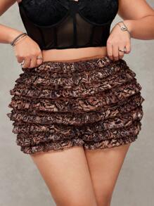 SHEIN ICON 加大码豹纹多层荷叶边超短裤，性感音乐节