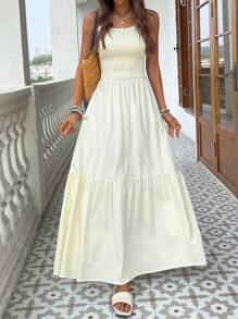 SHEIN VCAY Women's Summer Boho Solid Color Linen  Woven Backless  Open Back Rustic Dress Dress , Suitable For Spring/Summer Holiday  Summer Dresses Beachwear Summer Dresses For Women Summer Dress Beach Outfits For Woman Summer Dress Rave Outfits Festival Vacation Outfits Woman - Beige - View 6