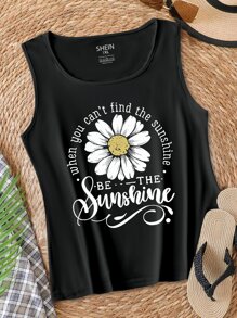 Calvaya Plus Size Summer Women's Sleeveless Top With Letter And Flower Patterns 'When You Can't Find The Sunshine BE THE Sunshine' Graphic Tank Top