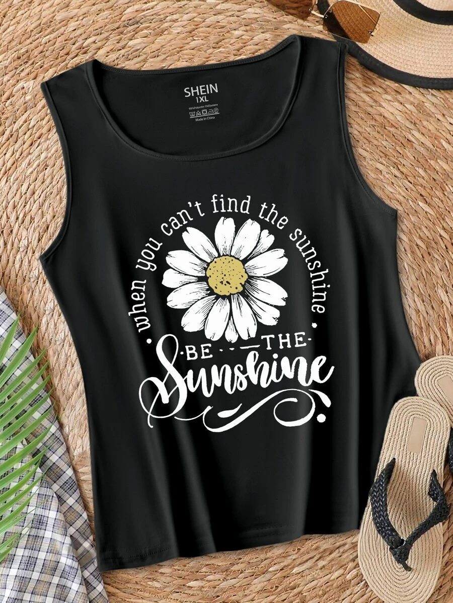 Calvaya Plus Size Summer Women's Sleeveless Top With Letter And Flower Patterns 'When You Can't Find The Sunshine BE THE Sunshine' Graphic Tank Top