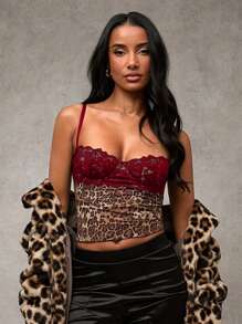 SHEIN BAE Damen Leoparden-Muster Spitze Spliced Sexy Trägertop, vielseitig für Ausflüge, Dates, Themenfeiern, Karneval, Korsett-Top, Konzerte, Rave-Top