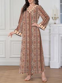 Al Najma Women Geometric Print V-Neck Long Sleeve Dress,Modest - Multicolor - View 5