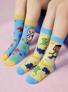 CoComelon X SHEIN 2 Pairs Kids Cartoon Dinosaur & Puzzle Pattern Color Block 100% Cotton Long Socks - Multicolor - View 2