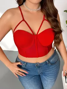 Firerie 优雅办公室女士 OL 大码性感网眼拼接镂空设计吊带背心，适合通勤、工作场所、高端场所、下午茶、约会、音乐表演、派对、INS 热门、节日、新年、派对、优雅办公室仙女上衣 - 紅色 - 查看 4