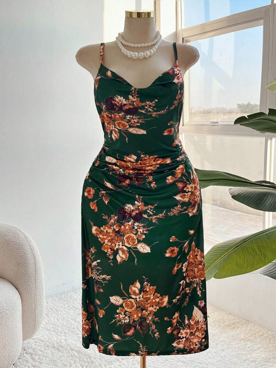 SHEIN Clasi Plus Size Women Floral Print Ruched Draped Neck Sleeveless Dress, Vacation Style Elegant Exquisite - Green - View 1
