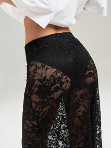 SHEIN EZwear Falda larga negra de encaje sexy de talla grande para mujer, de verano