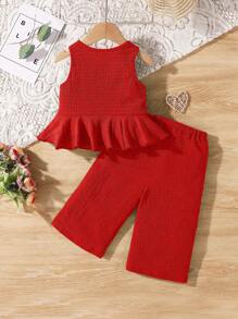 SHEIN Baby Girl Summer Cute Solid Color Textured Sleeveless Top And Elastic Waist Loose Pants Set - Red - View 2