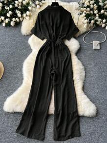 时尚高腰休闲西装领连体裤 - 黑色 - 查看 2