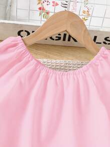 2pcs Young Girl Ruffled Open Shoulder Blouse Top And Pearl Embellished Denim Long Pants Set, Suitable For Everyday Summer Wear - Dusty Pink - View 4