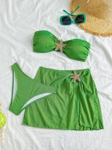 Soleia Swim Suits For Women,Summer Outfits For Women,Bikini Set,Beachwear,Vacation Outfits Woman,Beach Outfits For Woman,Women's Fashion Holiday Summer Moss Green Gold And Silver Knitted Tube Top Mini High Slit Skirt Beach Bikini Three-Piece Set,Decorated With Metallic Starfish Accessories