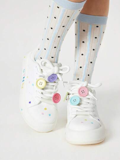 Women's White Lace-Up Casual Sport Running Sneakers, Sweet Button Colorful Dabbing Small White Shoes, Polka Dot Platform Wedge & Thick Sole Flats