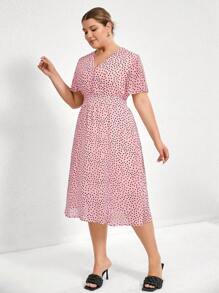 GENKIRA Plus Size Women's Polka Dot V-Neck Waist Cinched Midi Dress,Elegant & Formal Blush Pink Summer Tea Party,European & American Loose Hem All Over Print - Pink - View 5
