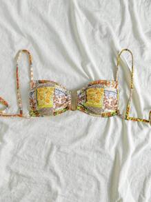 Soleia Swim Suits For Women,Summer Outfits For Women,Boho,Bikini Set,Beachwear,Vacation Outfits Woman,Beach Outfits For Woman,Vacation Women's Colorful Floral Retro Print Patchwork U-Shaped Metal Buckle Decor Lace Up Bikini Top