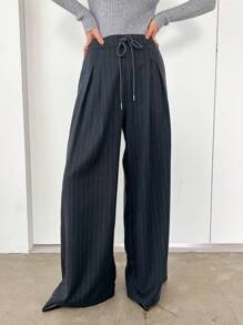 Dazy Star Women's Tie-Front Pocket Striped Casual Pants, Everyday Wear,Back To School Clothes