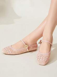 CUCCOO CHICEST Women's Soft Suede Lace-Up Mary Jane Flat Shoes, Round Metal Buckle Design, Elegant Casual Office School Party Ballerina Flats, Pink Spring Shoes Spring Break Easter - Pink - View 2