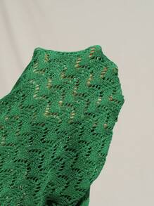 Arave Women's Fashionable Casual & Holiday Style Wave Hollow-Out Contrast Color Polo Collar Short Sleeve Top And Wide Leg Pants Set, Spring/Summer,Sets For Women,Summer Outfits For Women,Two Pieces Set Women,Green Set,Vacation Outfits Woman,Two Pieces Set Women