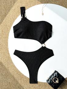 SHEIN Swim Solid Color Ribbed Fabric One-Shoulder Hollow-Out Decoration One-Piece Swimsuit For Summer Beach Vacation - Black - View 8