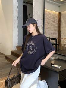 DAZY Women's Round Neck Printed Short Sleeve Casual T-Shirt, Minimalist Daily Wear Summer Oversized T-Shirt